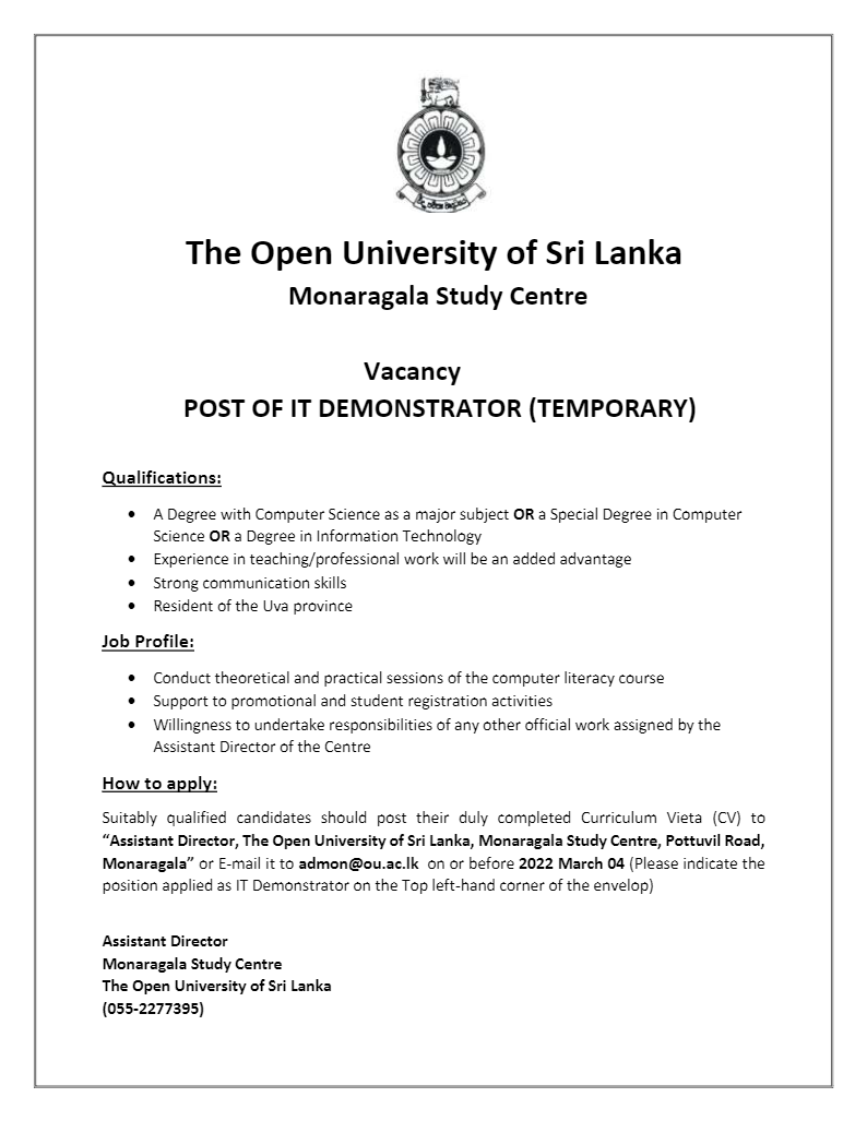 You are currently viewing Post of IT Demonstrator – Monaragala Study Centre