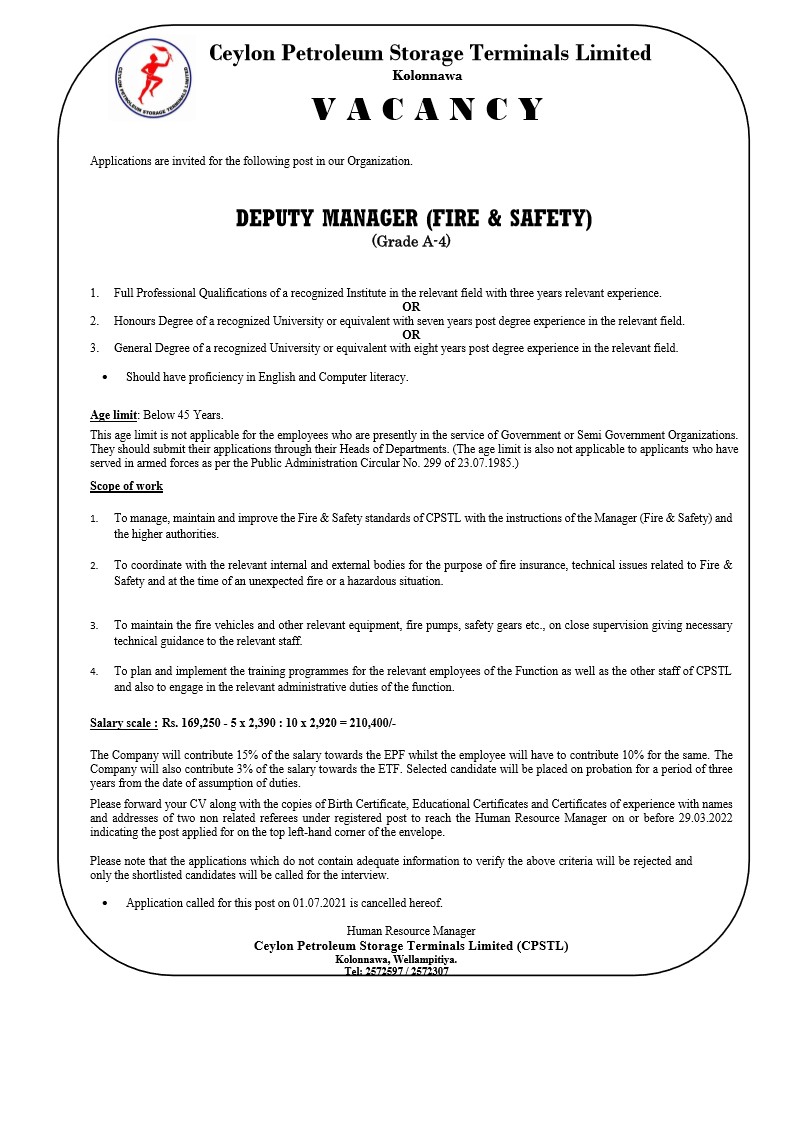 You are currently viewing Deputy Manager (Fire & Safety)