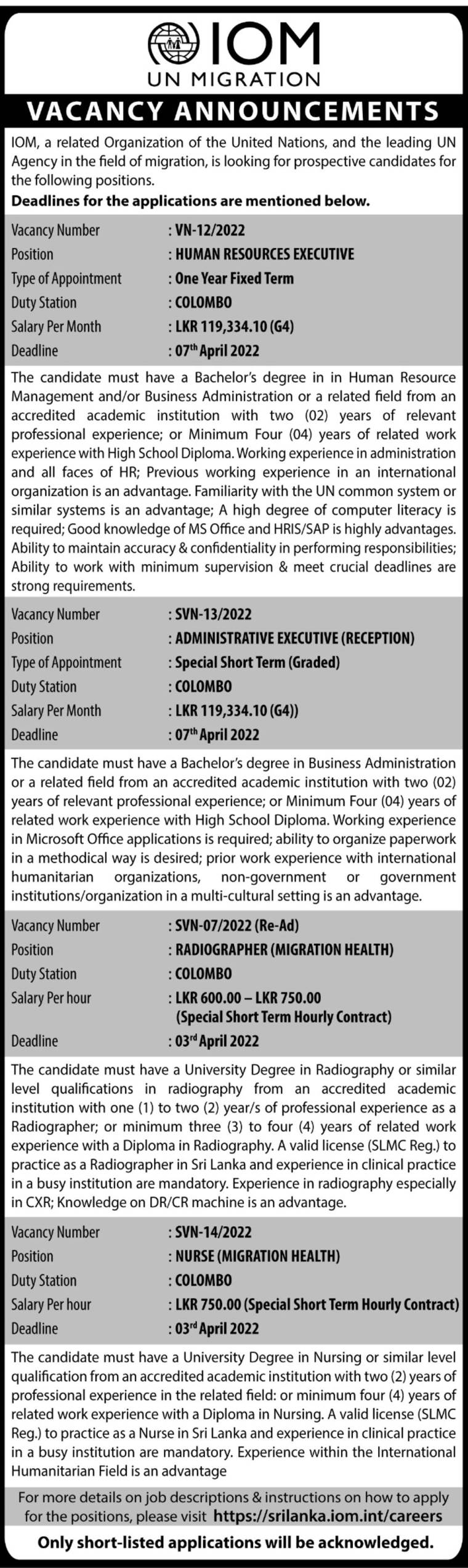 You are currently viewing HR, Administrative Executive, Radiographer, Nurse