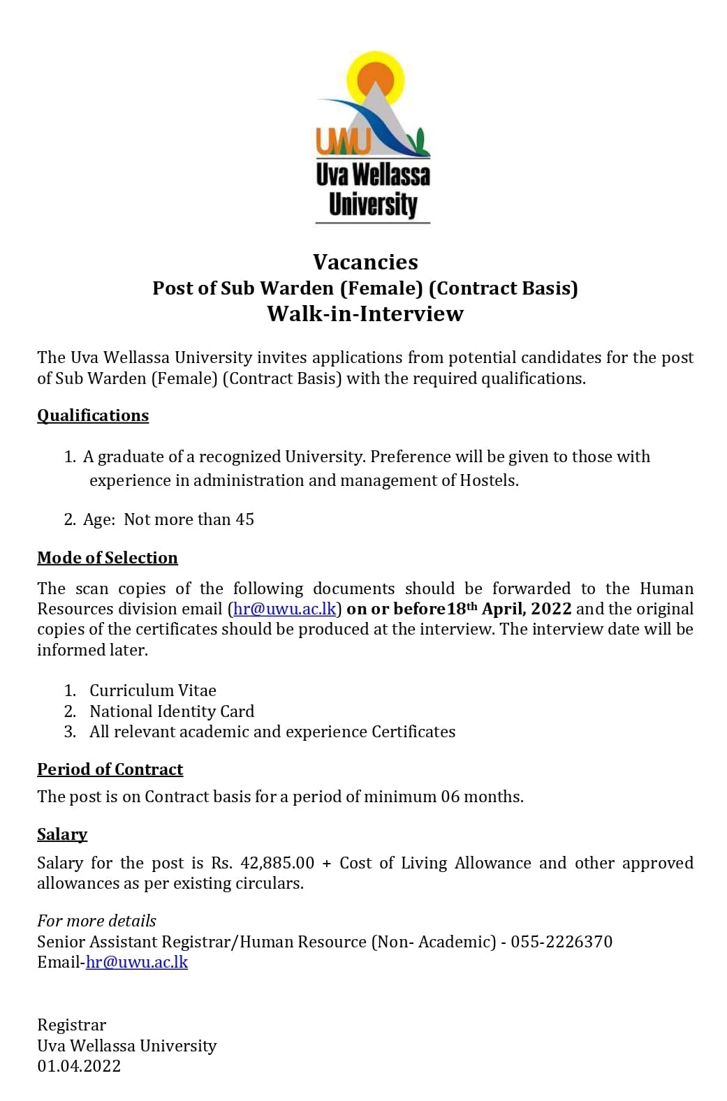 You are currently viewing Sub Warden (Female – Contract Basis)