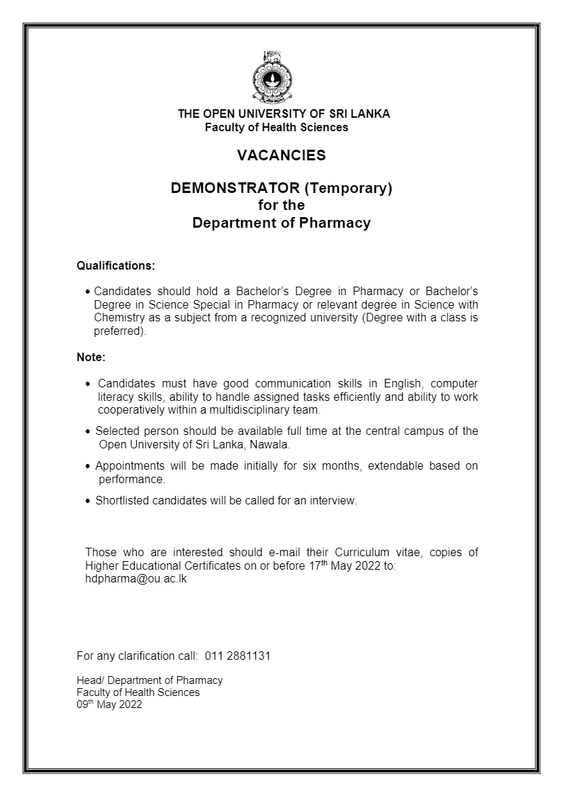 Demonstrator - Department of Pharmacy