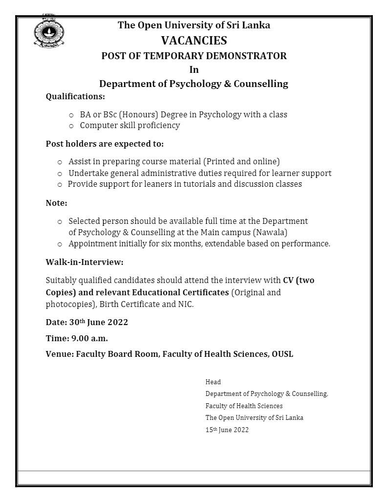 You are currently viewing Temporary Demonstrator / Department of Psychology & Counselling