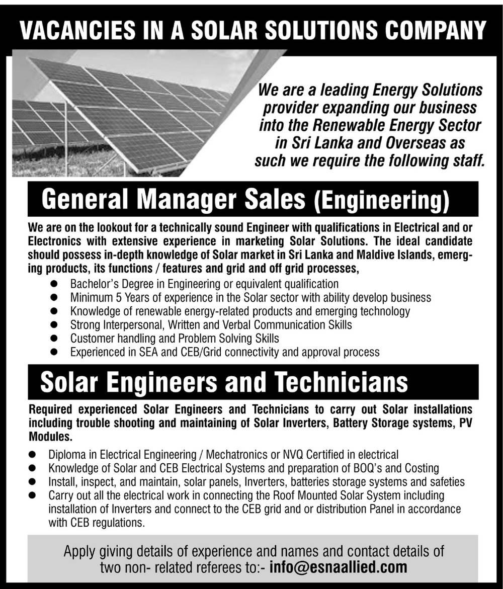 You are currently viewing General Manager Sales / Solar Engineers / Technicians