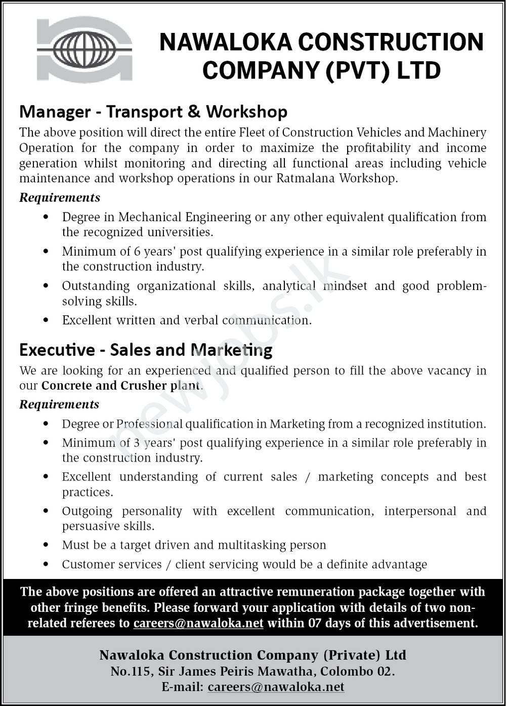 You are currently viewing Manager – Transport and Workshop / Executive – Sales and Marketing