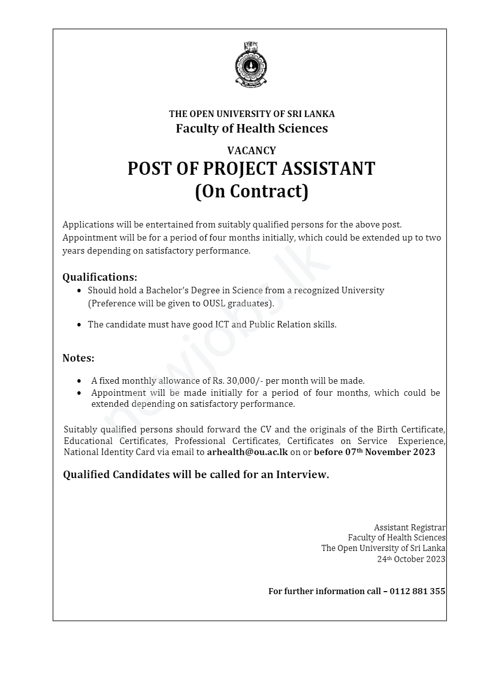 You are currently viewing Project Assistant (On Contract) – Faculty of Health Sciences