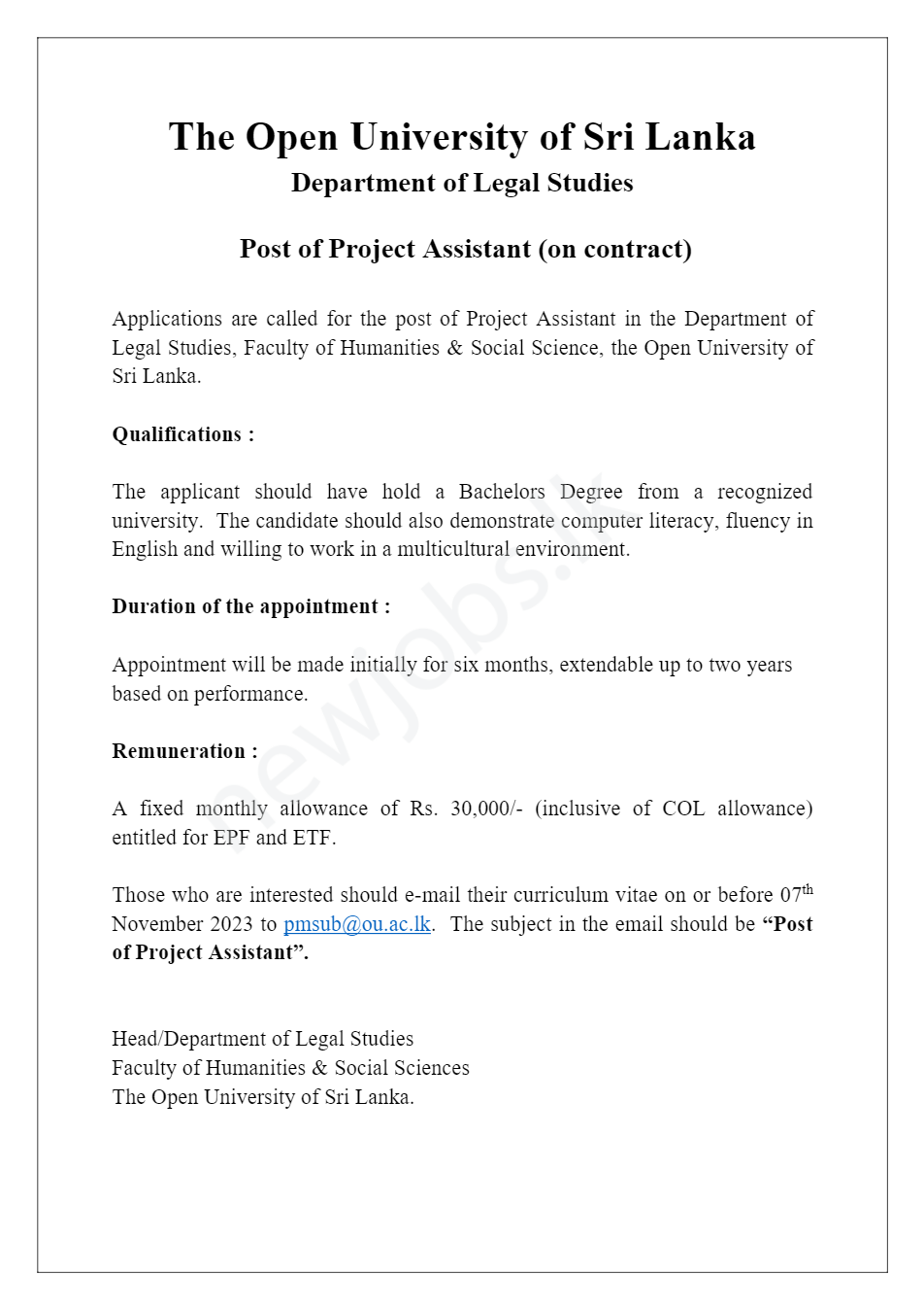 You are currently viewing Project Assistant (on contract) – Department of Legal Studies
